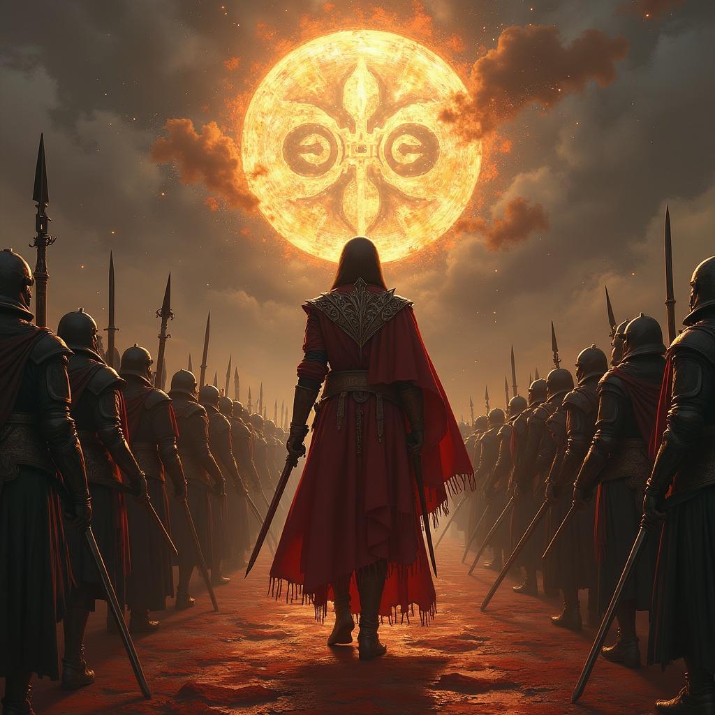 Cover art for Path of Exile 2 featuring a heroic figure in a red cloak standing before an army of soldiers. A large, glowing moon fills the sky behind. Theme draws from Ten Thousand Immortals army imagery.