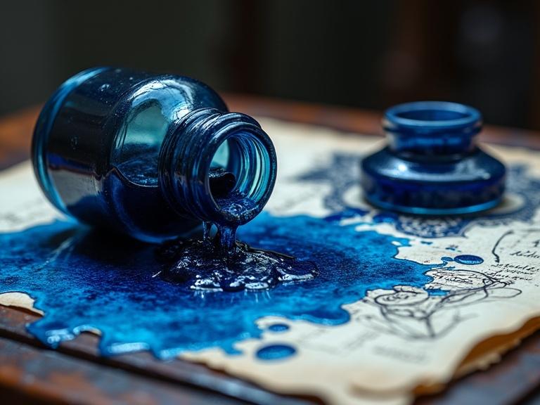 Hyperrealistic digital artwork with magical transformation. Dark antique table holds overturned blue ink jar. Rich blue ink flows over parchment papers. Intricate drawings visible under ink. Ink transforms into three-dimensional fairy figure.