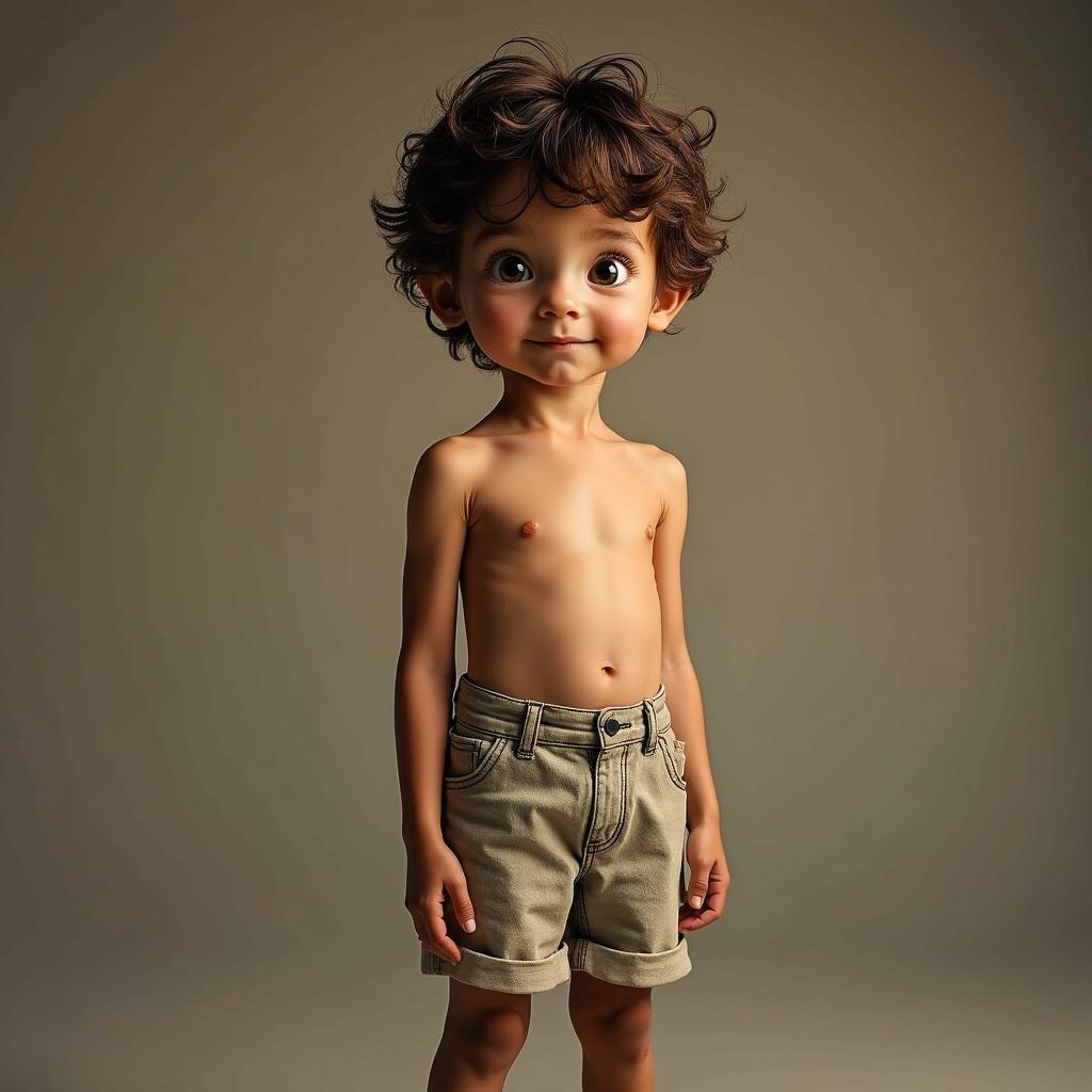 Close up of a skinny seven year old boy wearing short shorts, 1980s clothing, show full body, 4K resolution, ultra detailed.