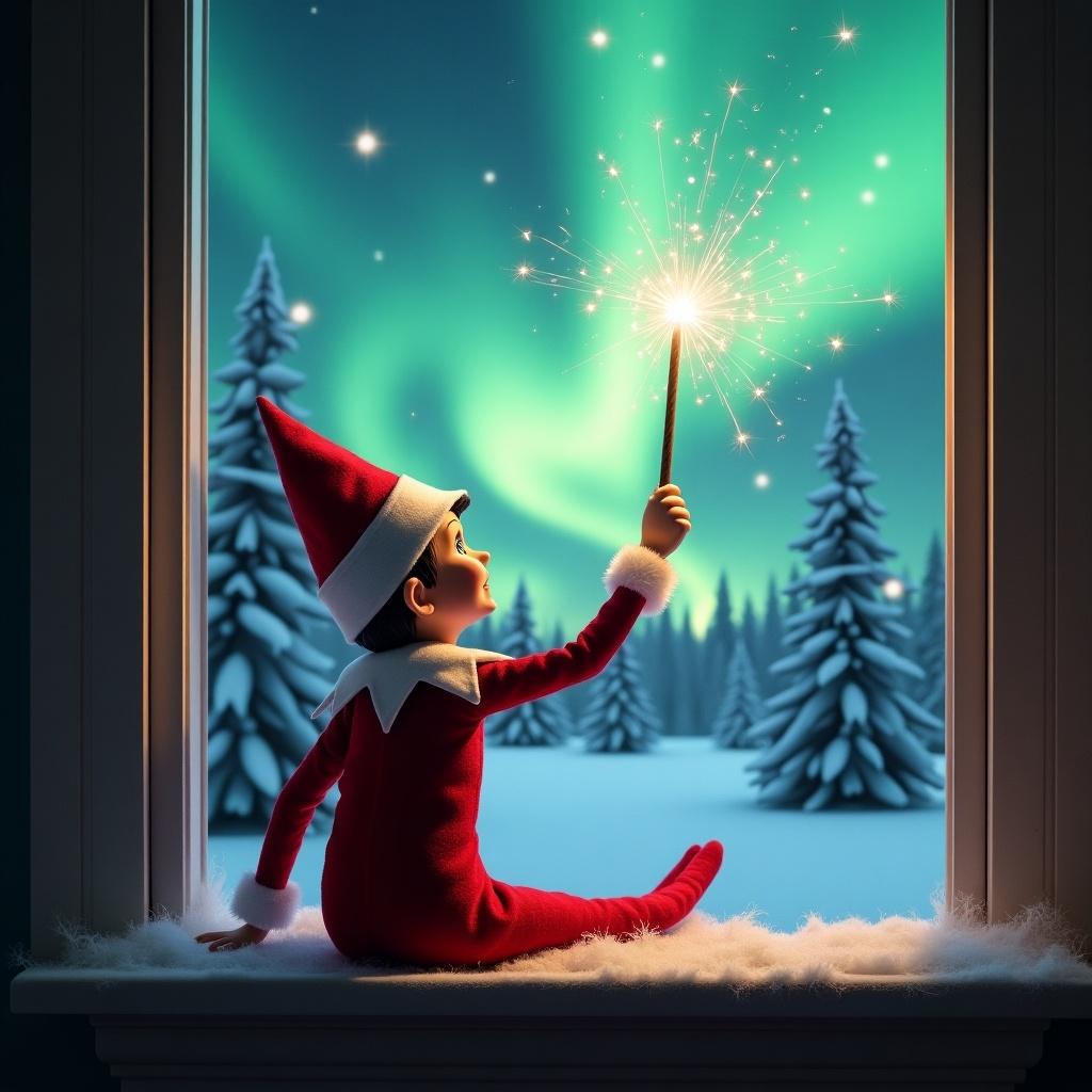 An elf sits on a window ledge. The elf has his back turned to the viewer. The elf holds a magical wand, creating sparks that say Luke. The elf looks at northern lights. Background shows a winter wonderland with snow-covered pine trees. The elf wears a vibrant red outfit with white trim. The scene has an enchanting ambiance from the aurora borealis.