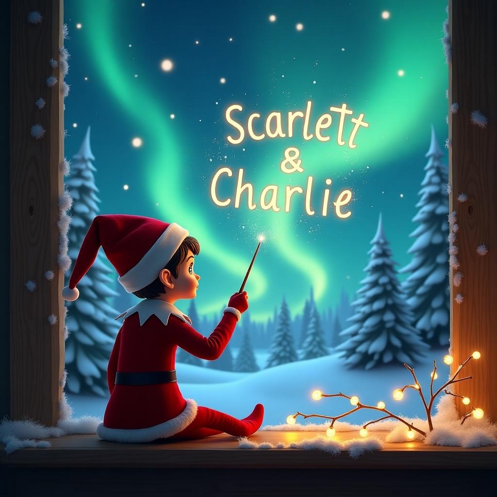 The image features an elf on the shelf facing outward from a cozy cabin window, gazing upwards into a magical night sky. The elf, dressed in traditional holiday attire, is using a magic wand to elegantly write names in the sky. Behind him, the enchanting northern lights create a colorful display, casting a glow over the snowy landscape. Among the lights, the names 'Scarlett & Charlie' are prominently displayed, along with 'Sharna, Jenson, Kimmie-Rae, Ayrton & Morgan'. This whimsical scene captures the essence of Christmas magic, joy, and childhood wonder.