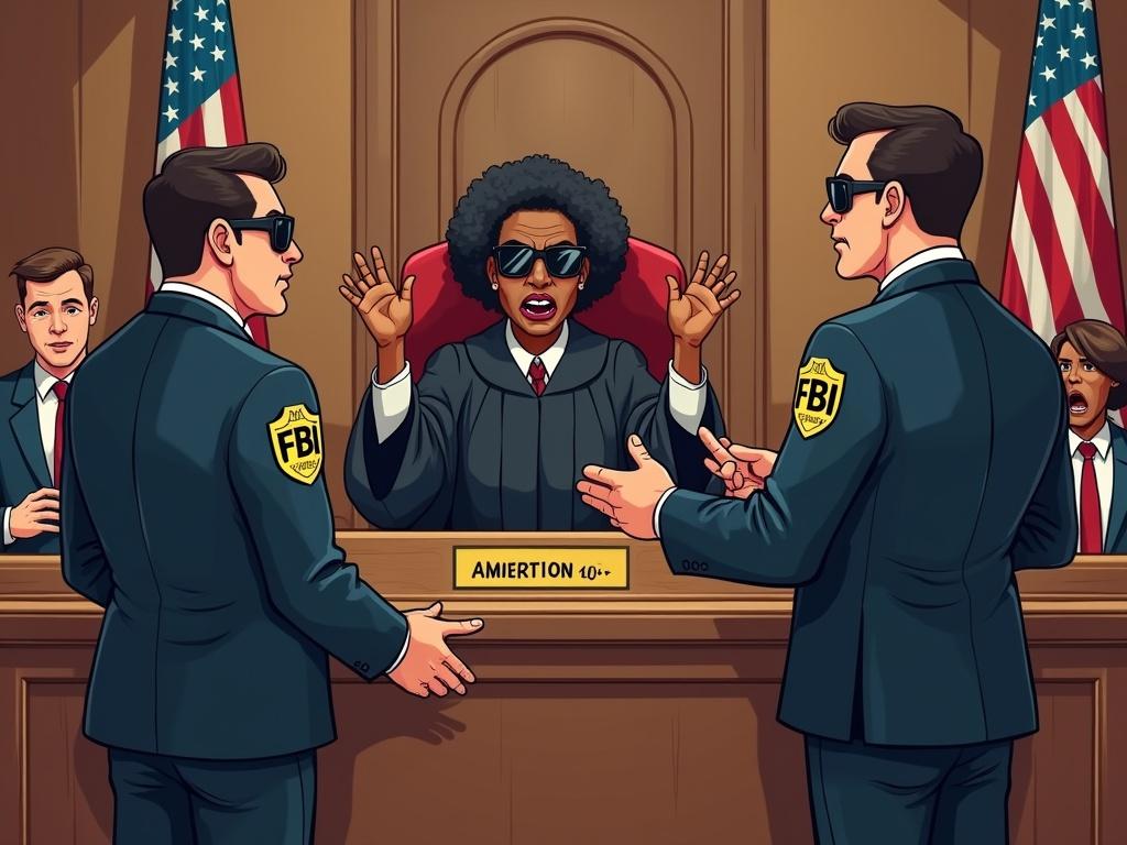 Cartoon courtroom scene. Two FBI agents in dark suits arresting an angry afro-american female judge behind the bench. Judge in black robes raising hands. One agent reading rights. Another holding handcuffs. Courtroom with wooden decor and U.S. flag. Shocked spectators in background. Bold colorful slightly exaggerated style.