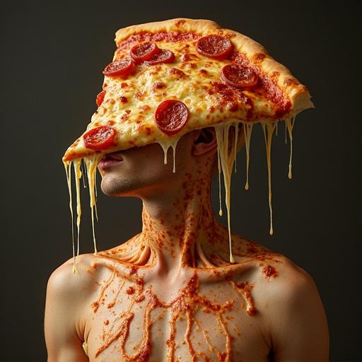 A surreal image features a person with a pizza slice for a head. The body is covered in pizza sauce. A blend of human and pizza characteristics is displayed.