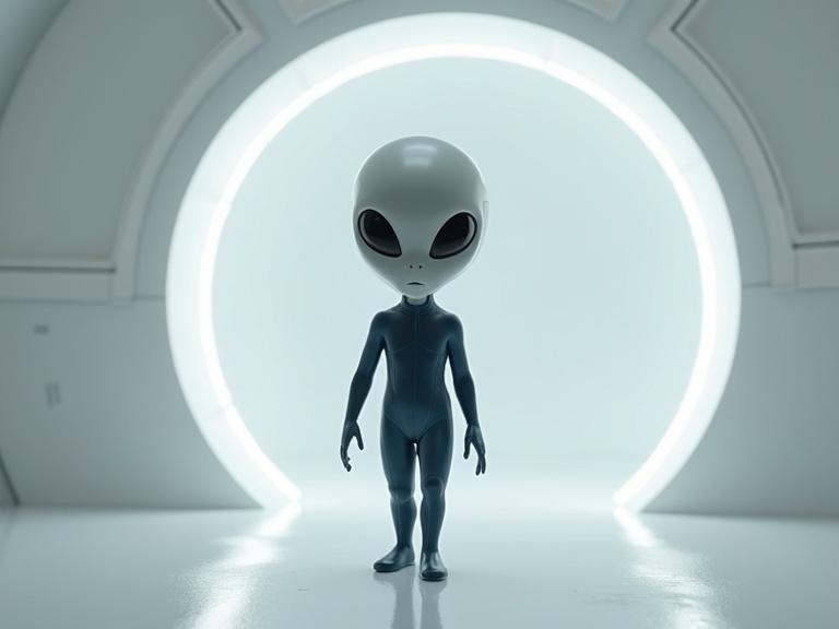 Photo realistic image of a cute grey alien in a dark blue sci-fi bodysuit. Alien stands inside a sleek round UFO interior. The environment features textures shadows and soft reflections.