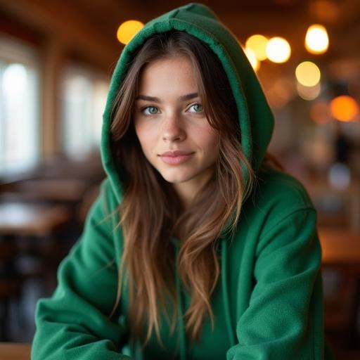 A girl with brown hair is sitting in a restaurant. She is wearing a green oversized hoodie. The background is blurred with soft lighting effects. The focus is on her face.