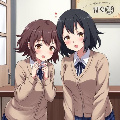 Two cute female Japanese students smiling together in a school setting. They wear school uniforms and display a cheerful demeanor. The background features a school hallway and a welcoming atmosphere.