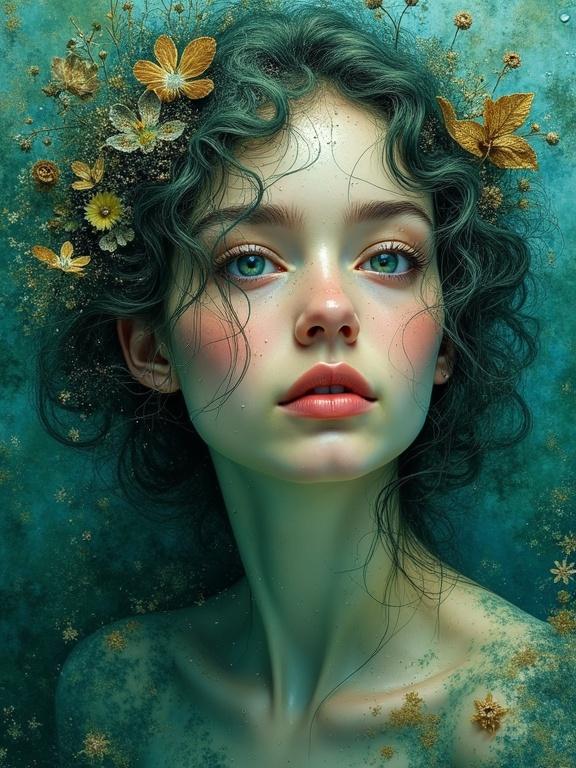 A portrait in green, silver, gold, and blue tones. Features textures and whimsical, mystical elements. Resembles oil painting with volumetric lighting.