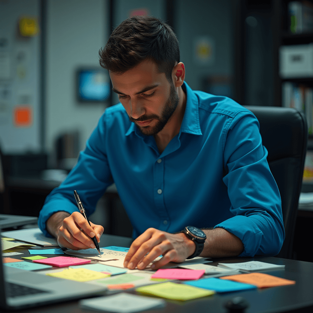 A man in a blue shirt writes on paper surrounded by colorful sticky notes.