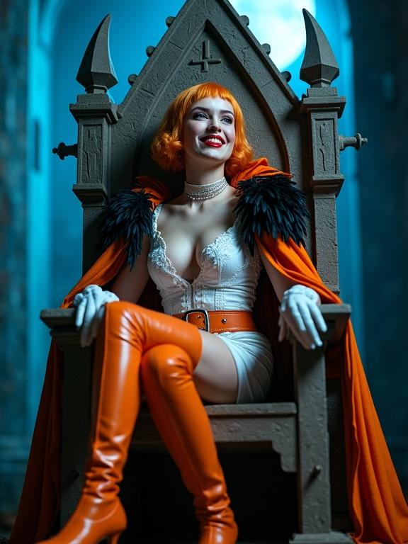 Full-body portrait of a pale skin queen vampire. She wears a short white leather and lace mini-dress. Has rainbow colored hair and over-knees orange boots. Wears white gloves and an orange and black feathered cape. Sits on a gothic stone throne in a crypt. The scene is illuminated by blue moonlight. The queen is bold and provocative, smiling with vampire teeth. High detail and 8K resolution.