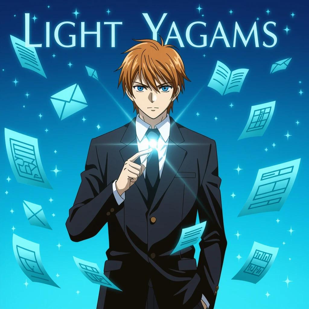 Character named Light Yagami depicted in a black suit. Surrounded by floating documents and letters. Bright blue background with glowing effects.