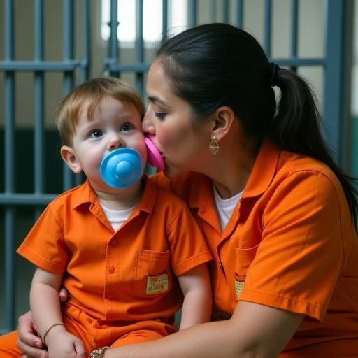 Mother and son in jail cell wear orange jumpsuits. She kisses him while explaining prison behavior rules. He holds a blue pacifier in his mouth. She has a large pink pacifier. They enjoy a tender moment together in a difficult situation.