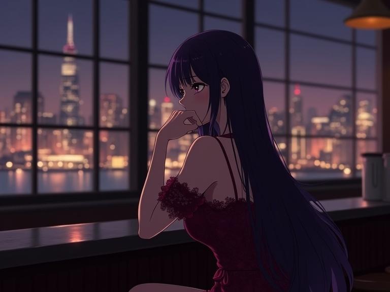 A lady with long dark purple hair wearing an elegant dark red off-shoulder dress sits at a dimly lit bar counter. One hand touches her chin thoughtfully. A blurred city skyline with warm lights is through large windows. The scene is sophisticated and melancholic with realistic lighting.