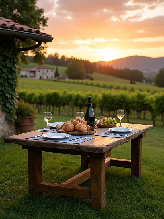 A rustic outdoor dining setup in a vineyard. A weathered wooden table is central. The table is rectangular with thick legs and medium brown color. Two settings with white plates on light blue placemats are present. Each has a fork and knife. Two wine glasses and a dark green wine bottle sit on the table. A wooden platter holds grapes and bread rolls. A stone house with a tiled roof is on the left. The background shows grapevines and rolling hills. The sunset sky has orange, yellow, and pink hues, creating a picturesque atmosphere.