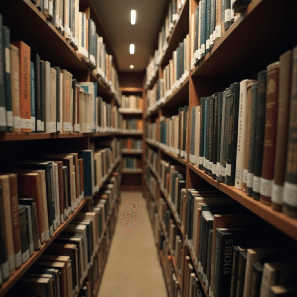 A narrow library aisle lined with wooden bookshelves filled with diverse books under warm lighting.