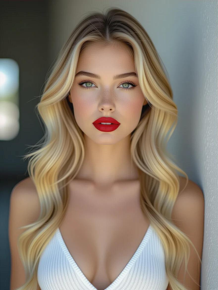 A 24 year old female with long blonde hair and full red lips stands gazing directly into the camera. Hyperrealistic cinematic shot showcasing provocative and flirty attitude. Focus on upper body with a front shot.