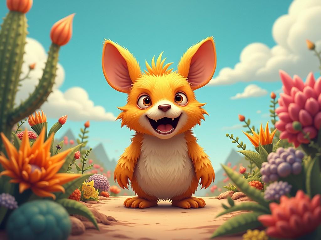 Create an adorable cartoon creature in a colorful, fantasy-like garden setting, emphasizing vibrant colors and a whimsical atmosphere.