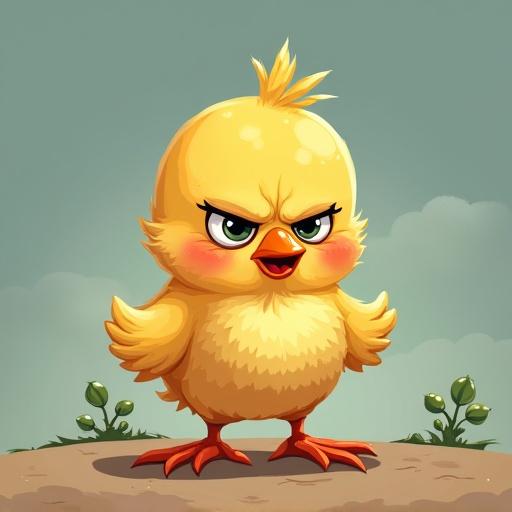 A cartoon-style illustration of a grumpy chick with yellow feathers and an angry expression. The chick stands confidently, surrounded by soft green foliage against a blue background. The character appears playful yet feisty.