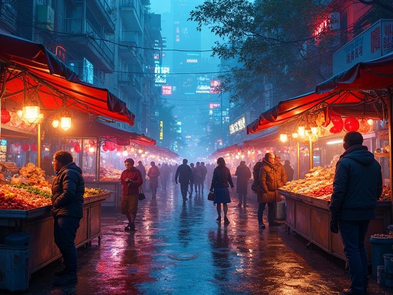 Market scene at night vendors illuminated by neon lights. Digital artwork in Fauvism style focusing on vibrant colors. Busy atmosphere with reflections on wet streets.