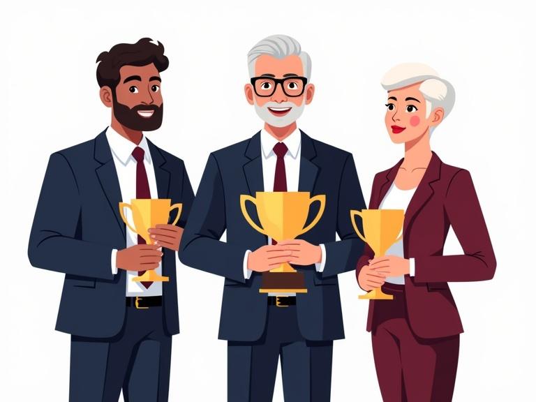 Illustration of three adults in business attire celebrating an achievement. Left man holds a small trophy. Center man holds a large trophy. Right woman holds a medium trophy. Cohesive color palette with maroons and navy blues. Transparent background.