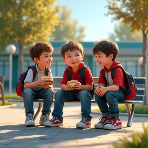 Scene of three school-aged boys sitting on a metallic bench in a schoolyard. They are casually dressed in school-appropriate clothes, chatting and eating sandwiches. Boys appear cheerful and engaged. Bright daytime with natural sunlight, school building and trees in background.