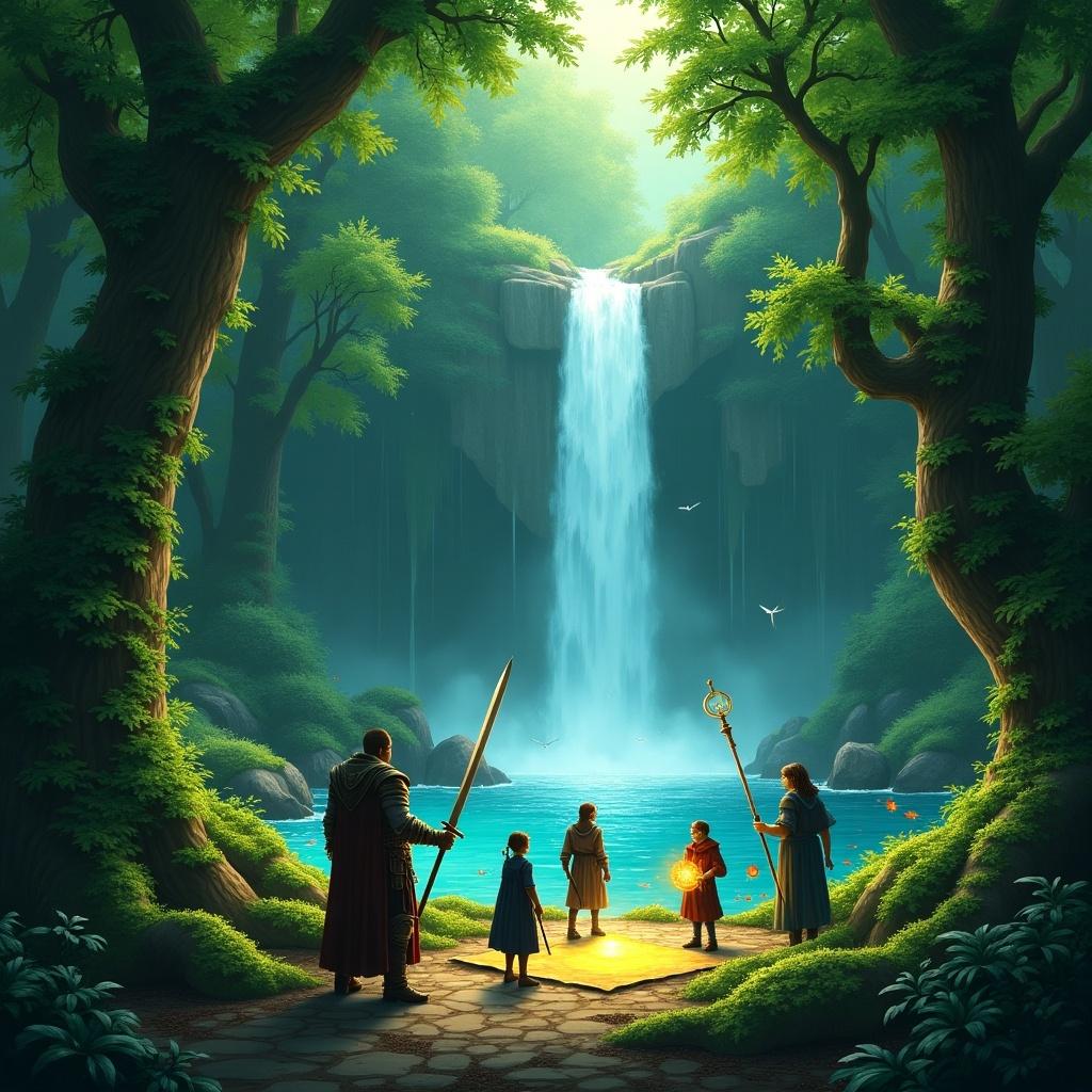 Fantasy scene with adventurers gathered around a campfire in a mystical forest. A dragon hovers above under a bright moonlight.