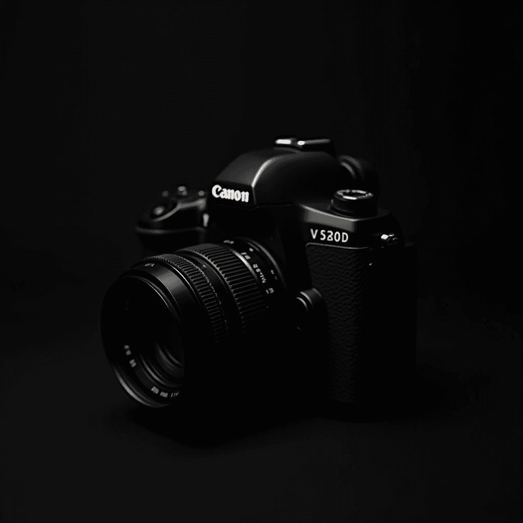 A sleek DSLR camera with a lens against a dark background.