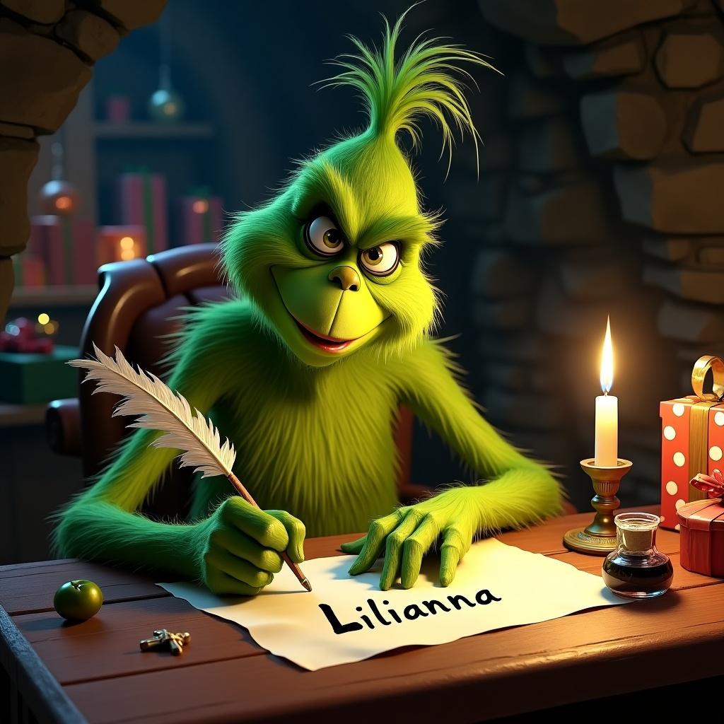 The Grinch is writing the name Lilianna at a desk surrounded by Christmas decorations.