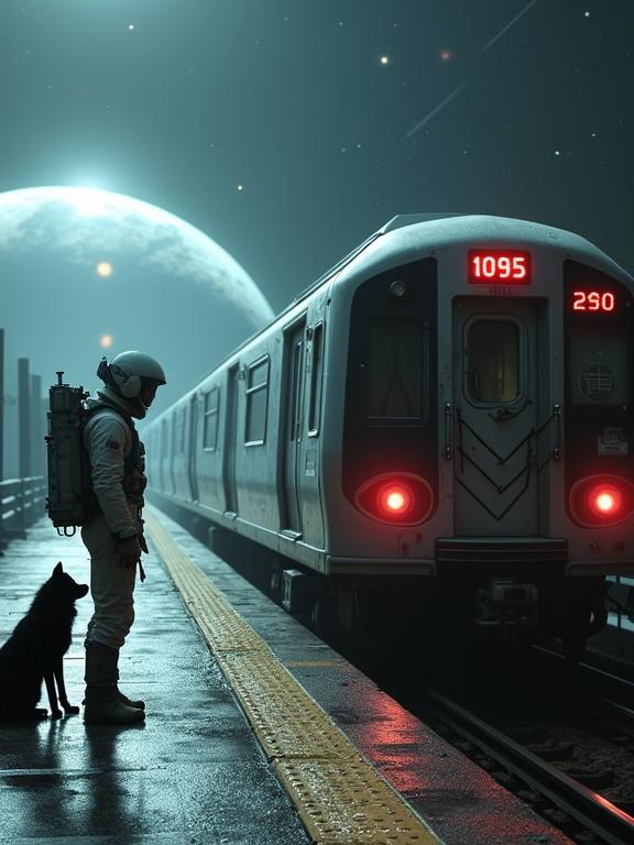 A surreal cinematic sci-fi scene on a futuristic train platform in outer space. Earth glows in background with soft sun flare from top left. A silver subway train labeled 2095 and numbered 1005 pulls away, red tail lights glowing. Digital display reads 22. An astronaut in a weathered white suit stands at platform's edge, shoulders hunched. Next to them sits a black wolf with glowing amber eyes. The atmosphere is moody and melancholic, with lens flares and cold shadows enhancing parting and stillness themes.