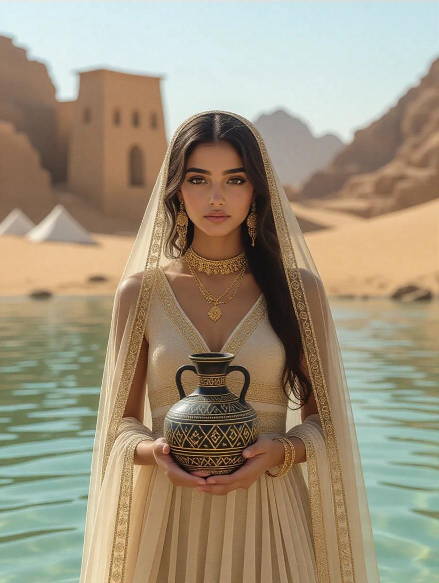 Young Arab woman stands in shallow waters of desert oasis. She holds decorated amphora. She wears beige tulle tunic with gold edges. Jewelry adorns her. Ancient ruins and tents are in background. Serene atmosphere in natural light.