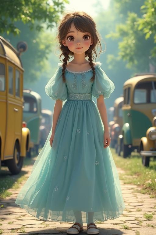Girl in whimsical animated style wears pastel blue dress with puff sleeves. She stands outdoors on cobblestone path surrounded by nature and vintage cars. The scene has soft magical glow, evoking enchanted Ghibli animation look.
