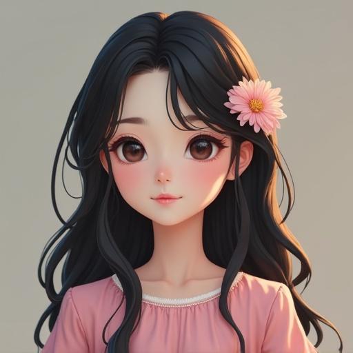 portrait of a girl with long dark hair and flower accessory in a soft pink top