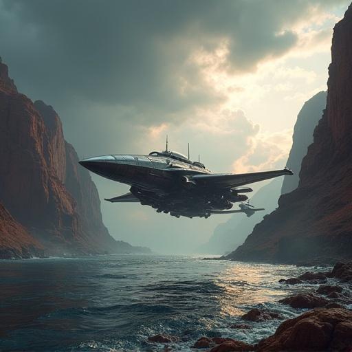 Futuristic spaceship flies over dramatic landscape. Large metallic spaceship has a long pointed nose and sleek design. It is flying over water in mid-flight with wings spread. Background features rocky mountains and stormy sky. Bright reddish-brown hues illuminate the mountains. Water reflects dramatic lighting.