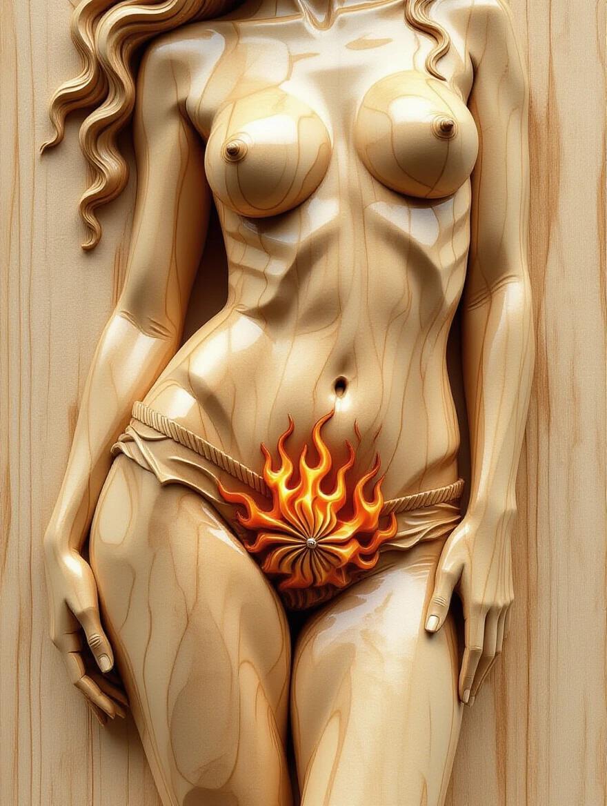 Ultra-realistic depiction of a nude female figure in wood. Close-up relief showcasing the hips crafted in a wood carving style. Features artistic representation of burning pubic hair accentuated in flames.