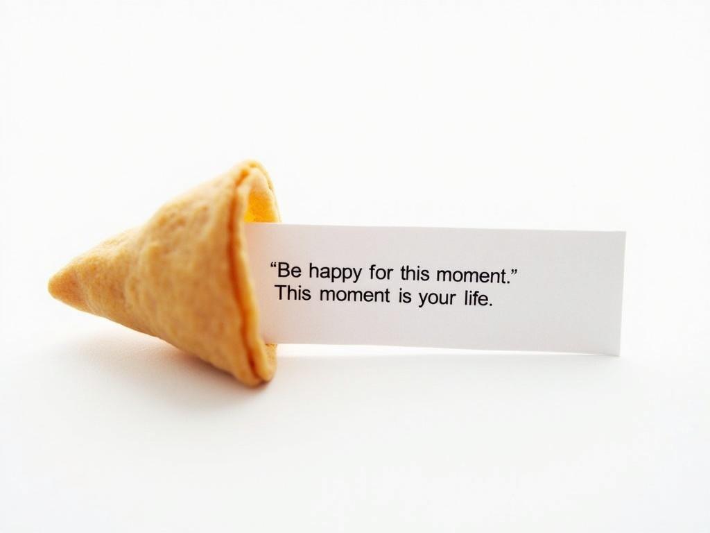 A fortune cookie is displayed prominently in the center of a plain white background. The cookie is partially cracked open, revealing a slip of paper inside. The paper has the expression written on it: "Be happy for this moment. This moment is your life." The cookie's golden-brown color contrasts with the white slip of paper. The image captures a sense of optimism and mindfulness, inviting the viewer to reflect on the importance of the present moment.