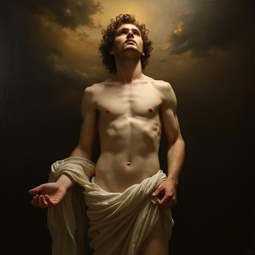 Dramatic lighting and pictorial contrast emphasize light and shadow. Ethereal fabric overlays suggest forms without revealing, blending light and shadow. Neoclassical background with soft clouds and mystical light enhances divine atmosphere. Symbolic body language evokes freedom and contemplation.