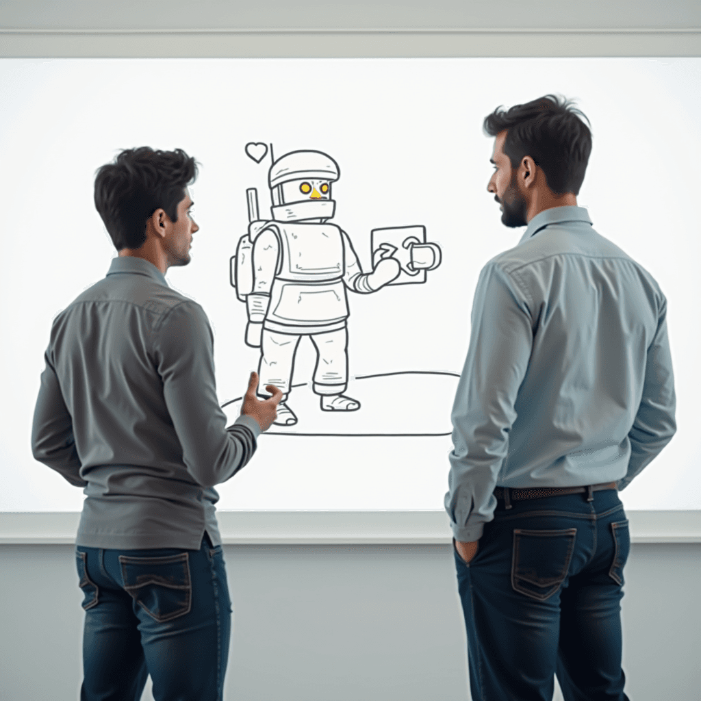 Two men are observing a cartoon drawing of a robot on a whiteboard, one gesturing with a pen.