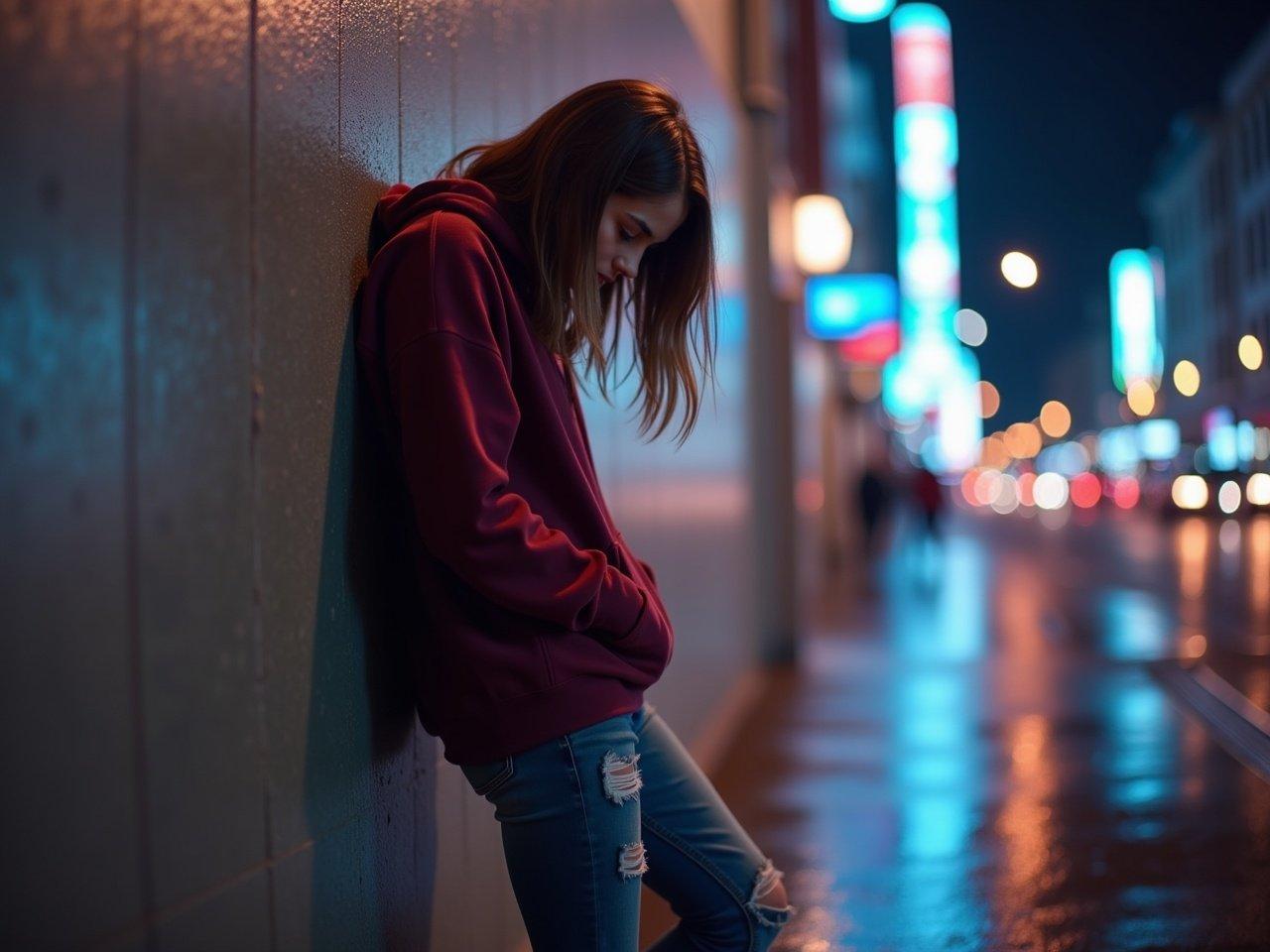 The image shows a person standing against a wall in a city setting at night. They are wearing a maroon hoodie and distressed jeans. The background features bright neon lights, giving a vibrant nightlife atmosphere. The ground appears wet, likely due to recent rain, reflecting the colorful lights. The figure has their head down slightly, creating a relaxed yet thoughtful pose.