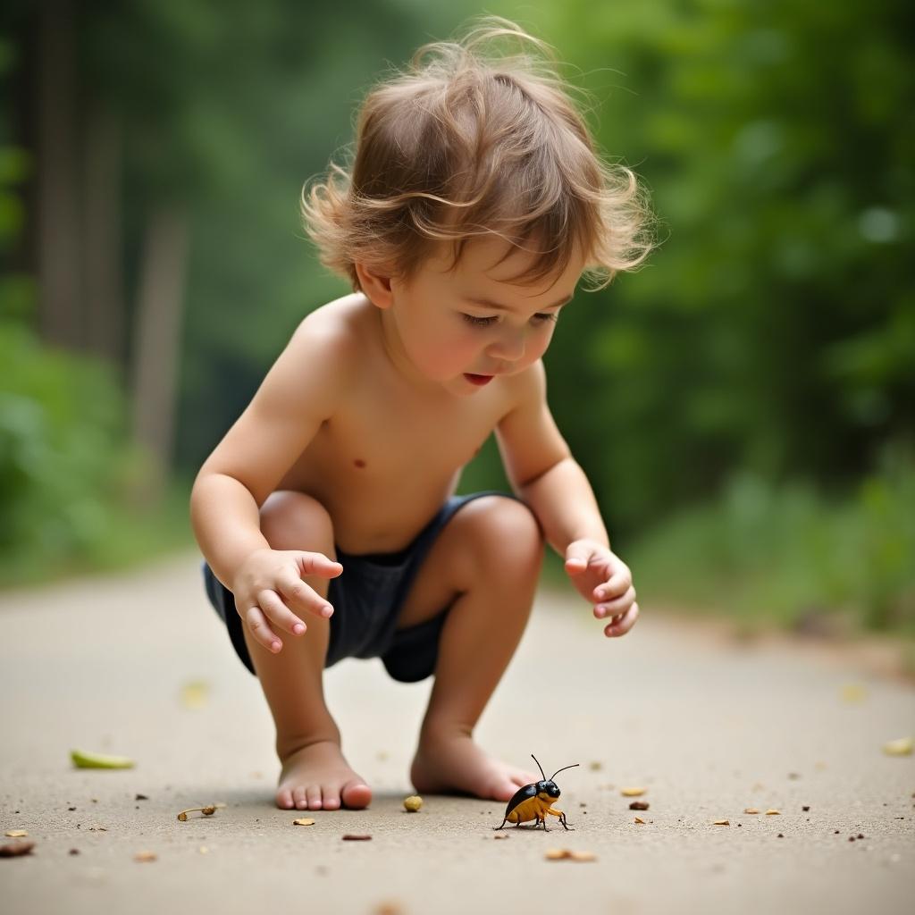 Young boy crouches outdoors. He examines a small bug on the ground. The scene captures a playful moment in nature. Lush greenery surrounds the boy. The boy is shirtless, showing curiosity and excitement.