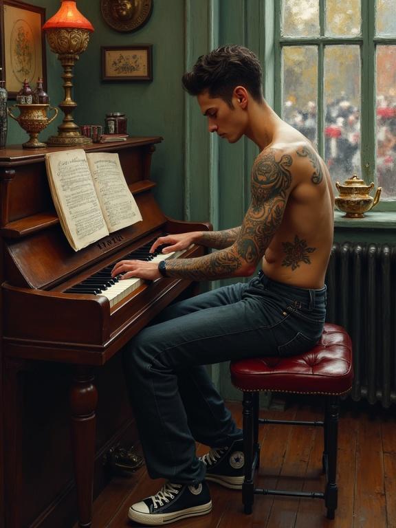 Art design shows a very handsome young man with a tattooed and muscular torso. He sits on a red stool and plays the piano. His Converse shoes complement his casual appearance. The setting features a gothic tea room with vintage decor, adding a warm and inviting atmosphere.