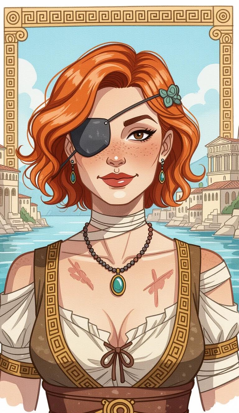 Dark watercolour illustration with a middle aged woman. She has short strawberry blonde hair styled with beach-waves. Brown eyes with a patch on one. Displaying a false smile. Scar visible on chin. Bandaged chest. Wearing an ugly necklace with a stone. Background features an Ancient-Grecian city. Dressed in ancient-Greek-style attire.