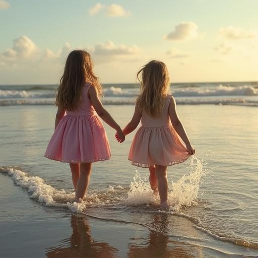 Two little girls in pink dresses walk on the beach. They hold hands while wading in shallow water. Waves wash over their feet. Soft sunlight illuminates the scene. A sense of joy and innocence is captured.