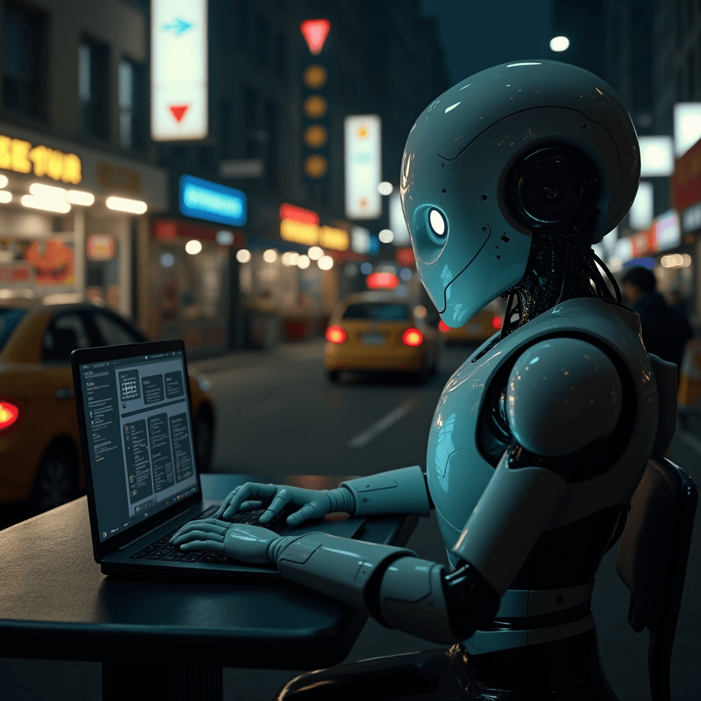 A futuristic robot sitting at a table on a bustling city street, operating a laptop under the glow of neon lights and passing cars.