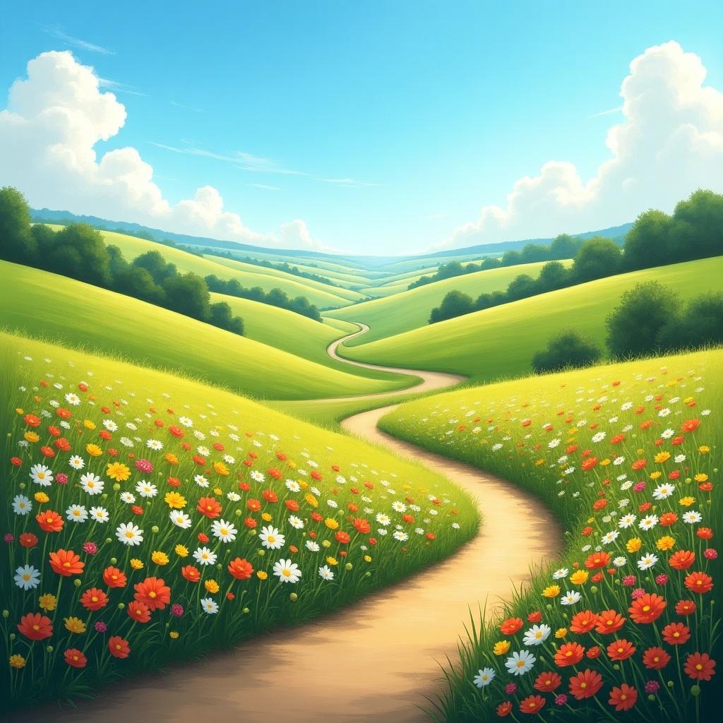 A picturesque landscape showcasing a winding path among bright flower-filled fields under a clear blue sky. Tranquil and inviting scenery captures the essence of nature's beauty.