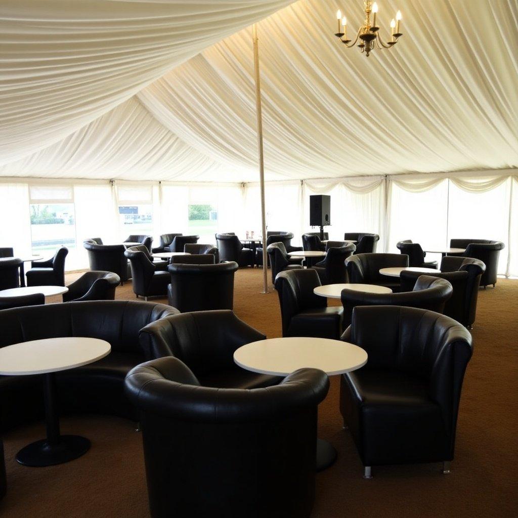 60x126 tent interior featuring a white ceiling drape. Includes highboy cocktail tables and black leather seating. Spacious layout with multiple seating areas and soft lighting.