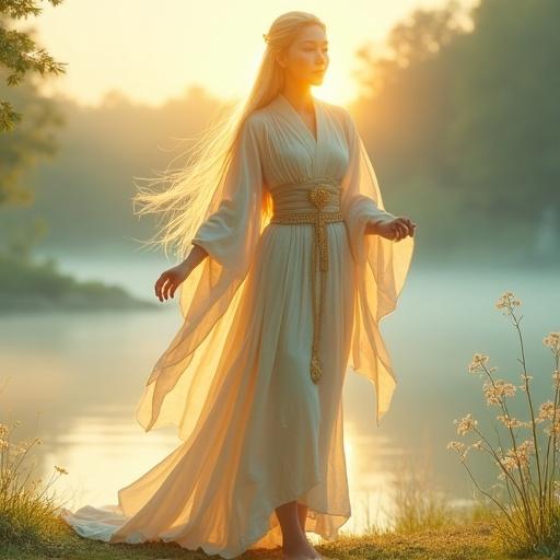 A semi-realistic portrait of an ethereal young woman standing by a misty lakeshore at sunrise. She has flowing pale golden hair shining softly. She wears long white and golden robes adorned with wildflowers. In one hand, she holds an ornate mirror. The scene features soft grass, morning dew, and a gentle solar halo.
