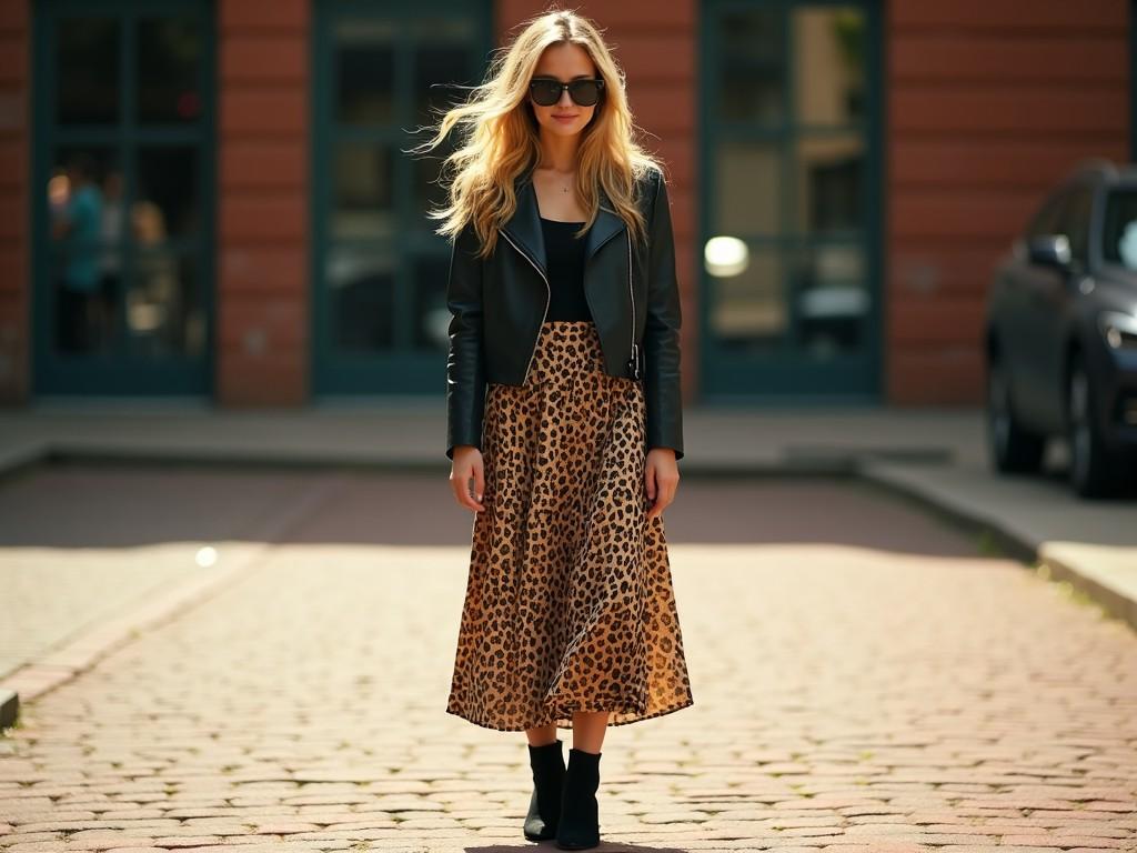 A fashionable woman walking on a city street, wearing a leopard print skirt, black leather jacket, and sunglasses.