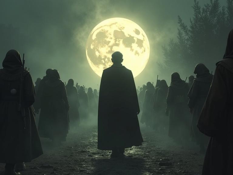 Enoch walking through a village. Glowing peace bubble around him. Dark and light contrast. Realistic style. 9:16 aspect ratio.