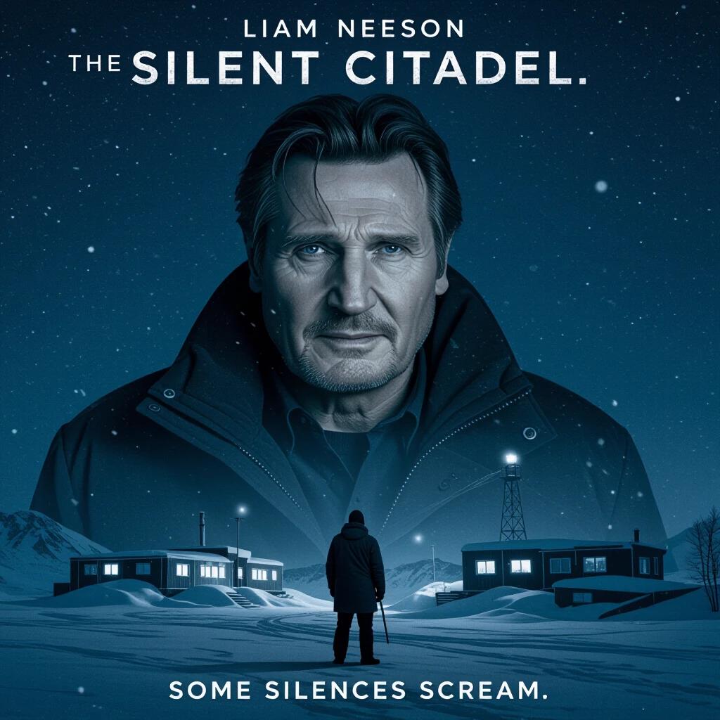 Film poster for psychological thriller titled The Silent Citadel. Dark and moody atmosphere created by blending cool colors. Main character depicted as a father in an Arctic outpost. Night scenery illuminated with artificial lights. Strong emphasis on emotions through the character's stance.