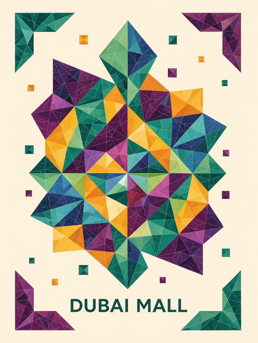 Abstract geometric composition poster featuring Dubai Mall. Various geometric shapes interlace forming a complex and balanced design. Colors inspired by gemstones like emerald, sapphire, and amethyst. No T-shirt