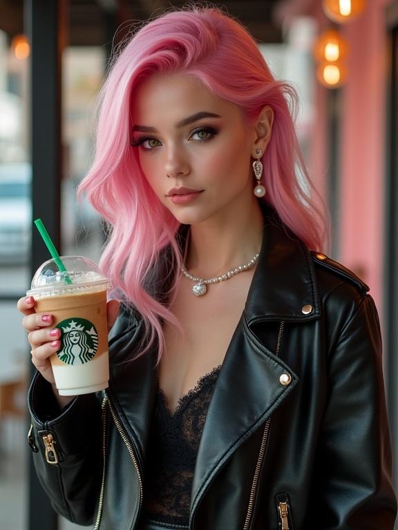 Girl with pastel pink hair holds a Starbucks drink. She wears a shiny black leather jacket. The setting is a modern cafe. She has a pearl earring. Emphasis on her youthful style.